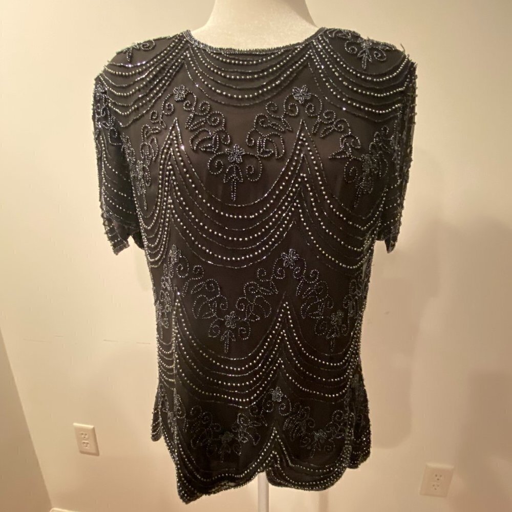 Women's Papell Boutique Short Sleeve Evening Black Sequins Top Size Large